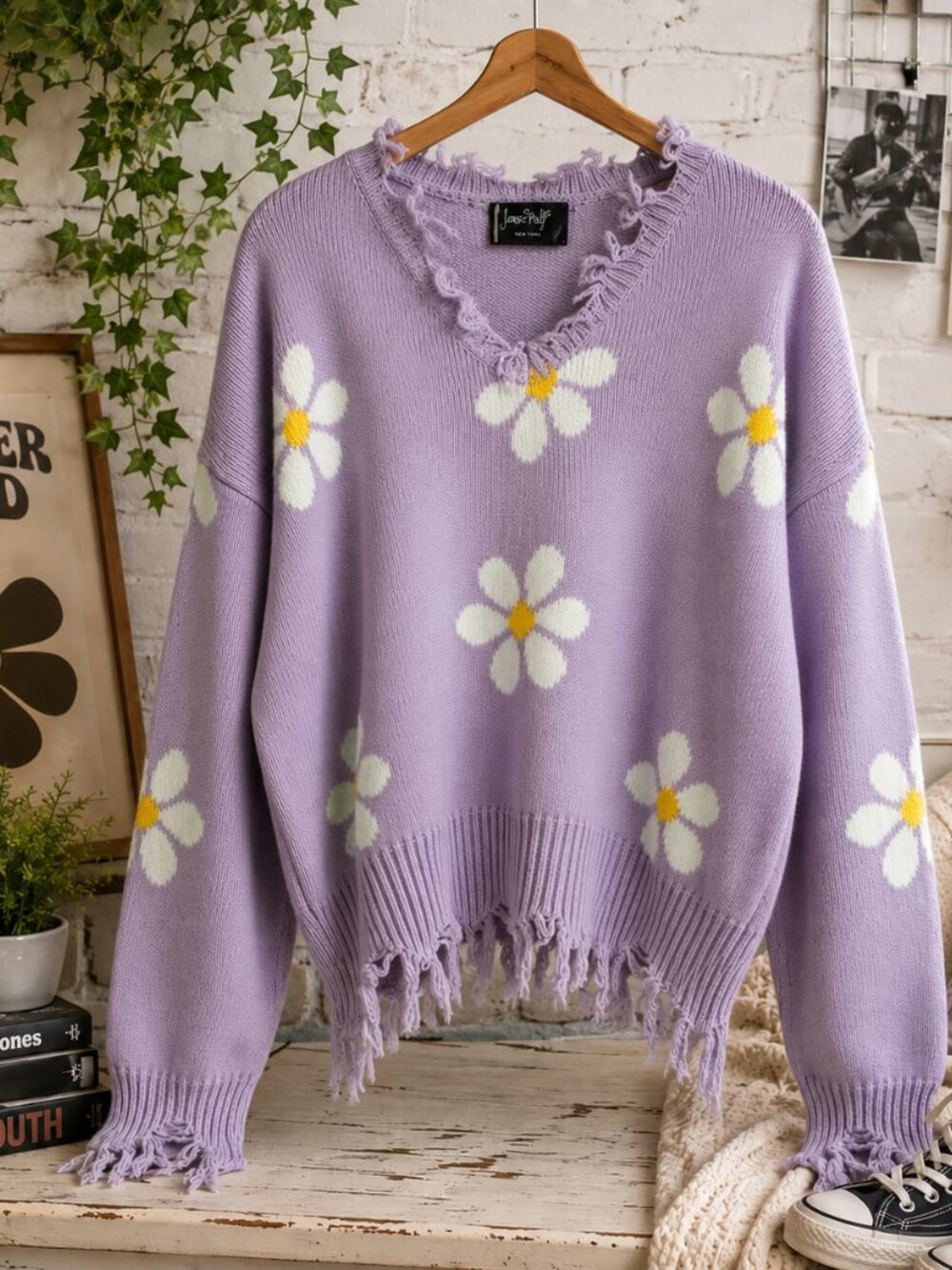 Just Polly Daisy Sweater Women’s L Lavender Distressed Y2K Grunge Floral